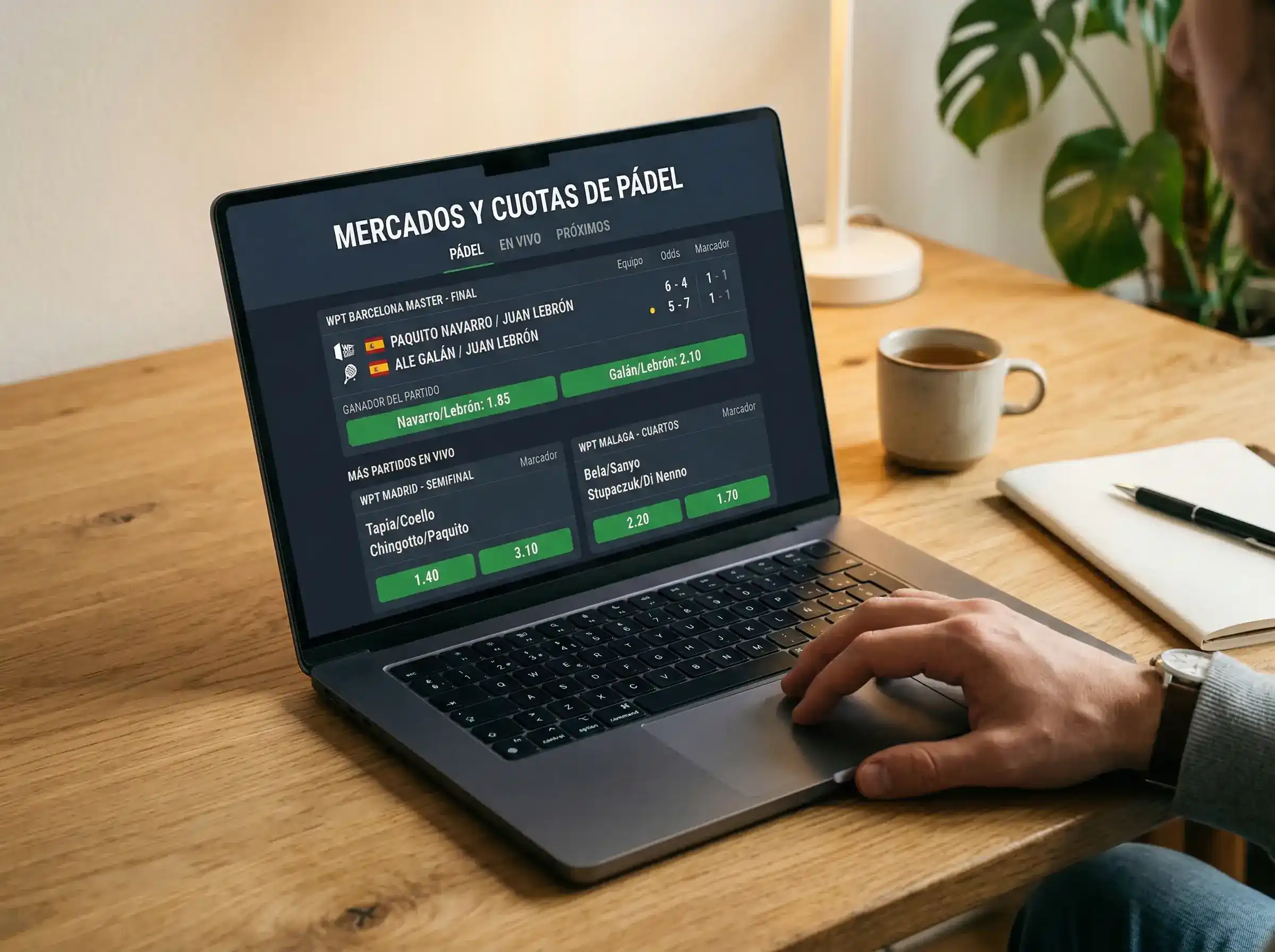 Pantalla de operador mostrando mercados de apuestas de un partido de pádel profesional